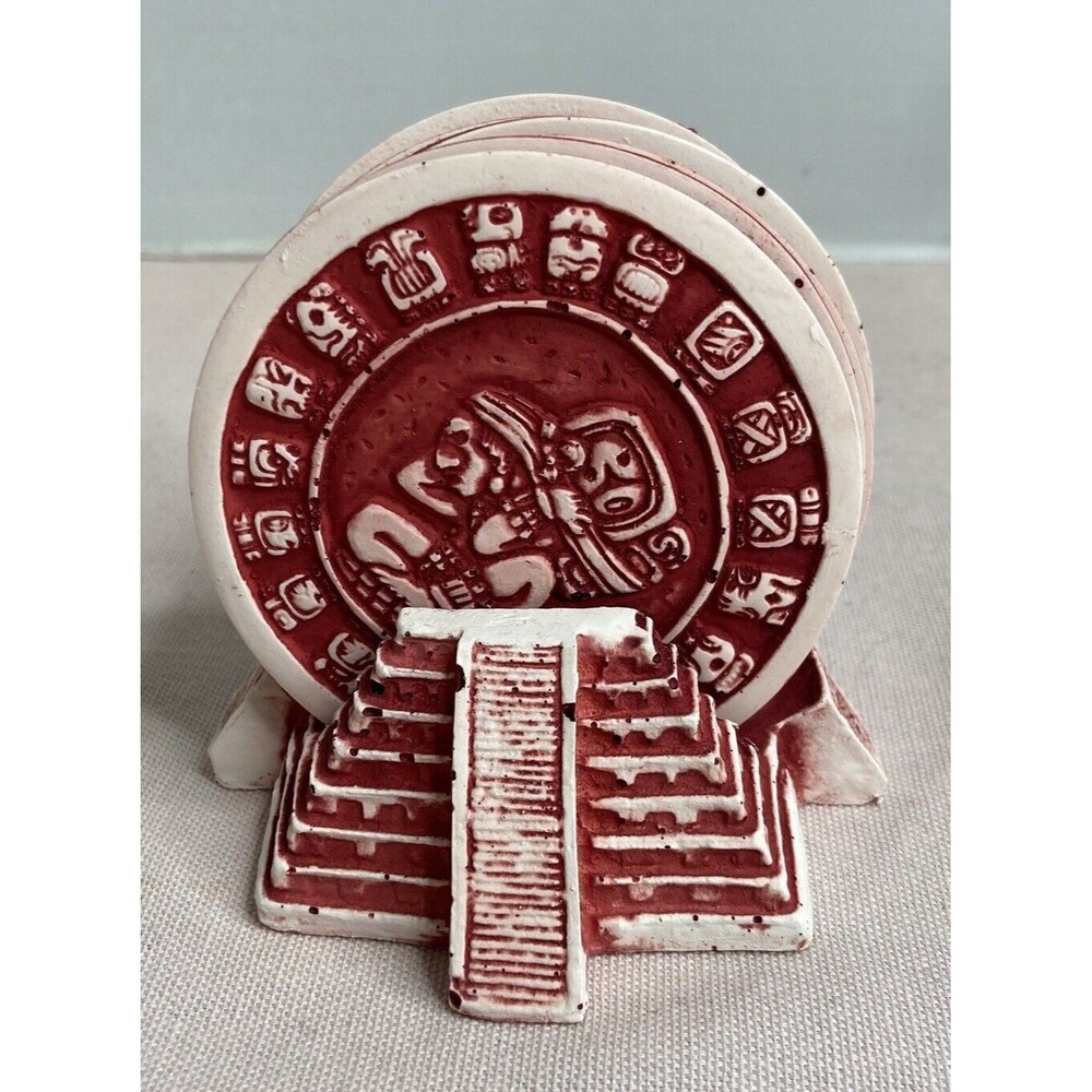 Set of 6 Mayan calendar ￼red coasters 3" with stand.